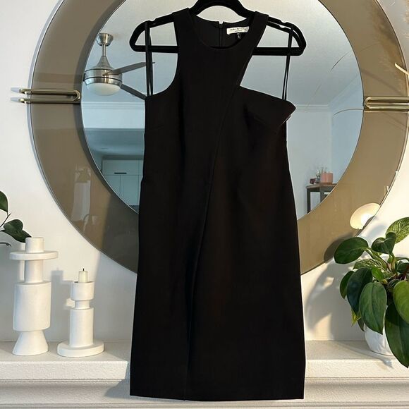 Halston Heritage Black Ponte Cut Out Asymmetrical Sleeveless Bodycon Mini Dress - Picture 3 of 7